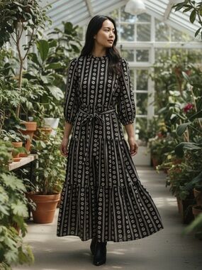 Ann Taylor Black Maxi Dress with Cream Floral Stripes